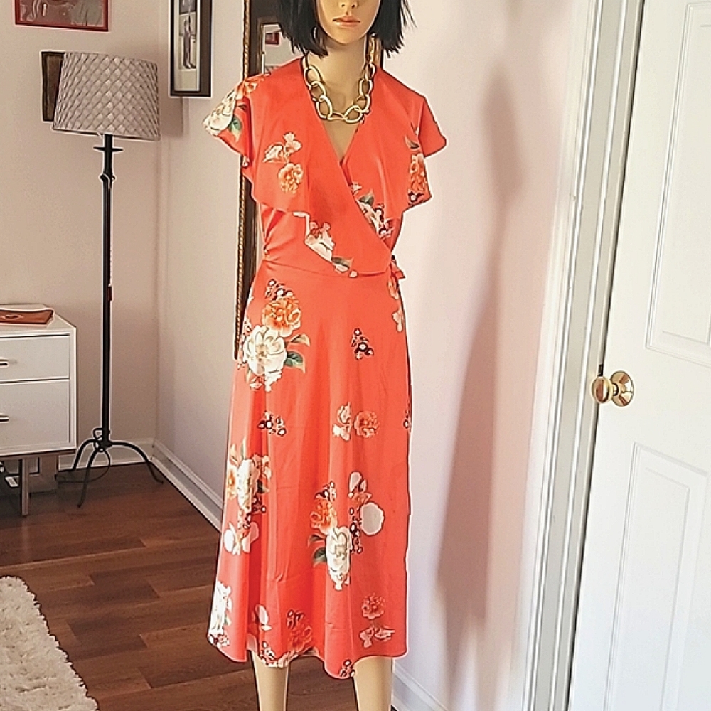 INC beautiful elegant midi dress peach flowery wrap around  sz 8